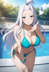 1girls ai_generated aqua_bikini aqua_bracelet aqua_nails bent_over bikini blowing_kiss blue_eyes blush breasts cleavage fairy_tail hair_bobbles hair_ornament half-closed_eyes hand_up hanging_breasts heart large_breasts leaning_forward long_hair looking_at_viewer mirajane_strauss navel outdoors outstretched_arm poolside puckered_lips side-tie_bikini side-tie_panties snazzdaz snazzle solo solo_focus sparkle stable_diffusion stomach string_bikini topknot watermark white_hair