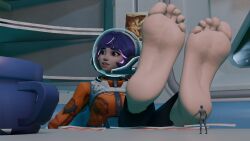 16:9 3d barefoot feet foot_fetish giantess hexmakiac juno_(overwatch) larger_female overwatch overwatch_2 shrinking shrunken_male smaller_male tiny unaware