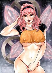 2018 amber_eyes big_breasts black_headband black_sclera black_shirt breasts busty cleavage curvy dated ed_benes_studio elf_ears erect_nipples fairy_wings female female_only headband homo_superior human lanio_sena long_hair marvel megan_gwynn mutant nipples nipples_visible_through_clothing orange_shirt panties panty_pull pink_hair pixie pointy_ears red_panties red_thong shirt signature solo starry_background teasing thong voluptuous wings x-men