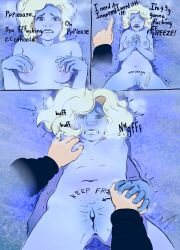 1girls aroused_female begging begging_for_mercy blonde_hair blue_skin body_writing clenched_teeth clitoris cold cold_fetish completely_nude crying featheredllama female femsub freezing gripping hands_together hard_nipples ice ice_cube ice_cube_on_body lying_on_back masochism nipples peril pinching_nipples pleading praying praying_hands purple_lips sadism sensitive_nipples shivering shuddering simple_background stuttering submissive submissive_female text thermometer torment touching_breast uncomfortable viewed_from_above viewer_pov