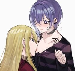 aoki_shizumi blush clothed d4dj exposed_breasts licking_nipple neo_(d4dj) small_breasts sophia_(d4dj) sweatdrop swirly_eyes tattoo tears yuri