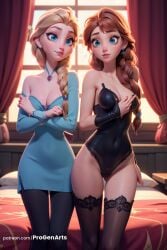 2girls ai_generated anna_(frozen) artist_name ass_visible_through_thighs bare_shoulders bed black_leotard blonde_hair blue_dress blue_eyes braid breasts brown_hair cleavage covered_navel crossed_arms curtains disney disney_princess dress earrings elsa_(frozen) freckles frozen frozen_(film) frozen_2 hair_over_shoulder hi_res indoors jewelry leotard lips long_hair medium_breasts mole mole_on_breast multiple_girls parted_lips patreon_username progenarts siblings single_braid sisters strapless strapless_leotard thighhighs watermark web_address