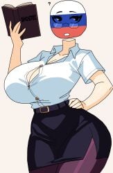 ? big_breasts book breasts buttoned_shirt cleavage clothed collarbone collared_shirt countryhumans countryhumans_girl ghostec glasses hand_on_hip holding_book huge_breasts librarian looking_at_viewer milf mother nerd office_lady open_mouth pencil_skirt question_mark russia_(countryhumans) russian russian_female russian_flag russian_girl shirt signature simple_background skirt standing surprised terrorist thick_thighs thighhighs white_shirt wide_hips