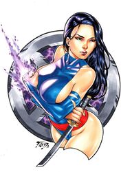 2018 ass betsy_braddock big_breasts blue_clothing breasts busty curvy dated ed_benes_studio elizabeth_braddock energy_sword female female_only fred_benes homo_superior human katana kwannon long_hair marvel mutant nipple_bulge nipples nipples_visible_through_clothing pommel psylocke purple_eyes purple_hair red_lipstick red_sash sash signature solo straight_hair superheroine sword telepath thick_thighs thighs tight_clothing voluptuous weapon white_background x-men