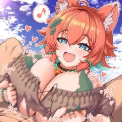 1boy :d ahoge animal_ear_fluff animal_ear_piercing animal_ears bandeau bead_necklace beads blue_eyes blue_sky blush breasts breasts_squeezed_together brown_bandeau brown_tube_top diamond-shaped_pupils diamond_(shape) dutch_angle female flipped_hair hair_between_eyes hair_ornament heart jewelry kurarika leaf_bra leaf_hair_ornament leaf_pasties motion_blur mozumi_pichi mozumi_pichi_(1st_costume) musical_note necklace oerba_yun_fang orange_hair outdoors paizuri paizuri_under_clothes ring short_hair sky smile solo_focus spoken_musical_note straight strapless symbol-shaped_pupils torn_bandeau trembling tube_top v-dere virtual_youtuber wolf_ears wolf_girl