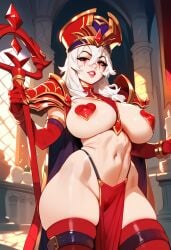 2d ai_generated female female_focus female_only hat indoors nipple_pasties red_hat red_thighhighs sally_whitemane shoulder_armor solo solo_female solo_focus staff standing tagme thighhighs white_hair white_hair_female world_of_warcraft