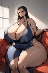 1girls ai_generated big_breasts blue_eyes breasts_bigger_than_head cleavage couch curvaceous curvy_female dress dress_slit exposed_thighs eyes female female_only kowschlagi large_breasts light-skinned_female light_skin long_hair nico_robin one_piece plump sitting_down sofa thick thick_thighs thunder_thighs voluptuous voluptuous_female wide_hips