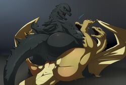 2019 3_heads anthro anus artist_signature ass ass_press back_view big_ass big_breasts black_scales breasts conjoined dragon female female_only godzilla godzilla_(series) hb-viper hi_res highres huge_ass hydra kaiju king_ghidorah long_neck membranous_wings multi_head nightmare_waifu open_mouth pussy raining reptile rule_63 scalie shiny_ass shiny_skin wings yellow_eyes yellow_scales yuri