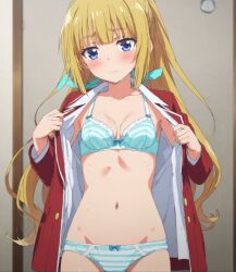 1girl ai_generated blonde_female blonde_hair blue_eyes blush classroom_of_the_elite karuizawa_kei striped_bra striped_panties striped_underwear stripped 平成アニメファン