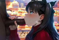 ai_generated black_hair blowjob blowjob_face censored dark-skinned_male fate/grand_order fate_(series) fellatio female interracial ishtar_(fate) long_hair male mirham mosaic_censoring straight sucking_penis tohsaka_rin twintails