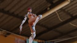 16:9 1girls 3d boots bottomless female from_below gloves half_naked overwatch overwatch_2 overwatch_archives pussy side_view solo sombra talon_sombra topless vagina