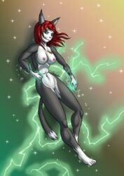 2019 abstract_background anthro breasts domestic_cat electricity felid feline felis female hair hi_res jewelry magic mammal necklace nude pussy red_hair smile solo za-owl