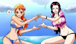 2girls big_breasts bikini blue_tattoo clothing embarrassed eyewear_on_head female female_only flower huge_breasts long_hair nami nami_(one_piece) navel nico_robin one_piece one_piece_film_gold orange_eyes orange_hair red_eyes samanta95 smile sunglasses swimsuit tattoo tattoo_on_arm tattooed_arm thighs