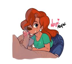 a_goofy_movie bent_over clothing cum cum_on_body cum_on_face cumshot disney fellatio female goof_troop green_shirt licking licking_penis long_hair male nagainosfw oral pants_down penis red_head roxanne_(goof_troop) shirt