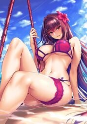 beach breasts fate/grand_order fate_(series) female female_only large_breasts long_hair looking_at_viewer purple_hair red_eyes scathach_(fate) scathach_(swimsuit_assassin) shiny shiny_skin swimsuit tagme water wet