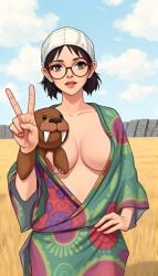 1girl 1girls ai_generated anime bare_breasts based_on_a_song based_on_song brown_eyes brown_hair cleavage clouds exposed_breasts field hand_on_hip light-skinned_female open_clothes open_shirt original_character peace_sign plushie psychedelic psychedelic_outfit round_glasses short_hair wall walrus walrus_plushie white_cap