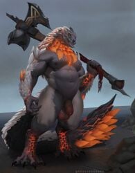 axe bazelgeuse capcom dadbod dragon flaccid flying_wyvern foreskin genitals hi_res holding_axe holding_object humanoid_genitalia humanoid_penis looking_at_viewer male monster_hunter musclegut muscular mythological_creature mythological_scalie mythology nipples nude penis reddyrennard scalie solo