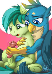 animal_genitalia animal_penis avian balls blue_eyes equid equine equine_penis erection feral friendship_is_magic gallus_(mlp) green_eyes green_hair gryphon hasbro hi_res horse horsecock male male_only mammal my_little_pony mysticalpha penis pony precum reach_around sandbar_(mlp) yaoi