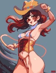 1girls aliasing armpits breasts brown_eyes clown clown_nose corset cowboy cowboy_hat female female_only freckles hat long_hair medium_breasts midriff midriff_peek navel_piercing original panties piercing pixel_art red_hair scarf sideboob sling_bikini solo suspenders thisislux underboob whip