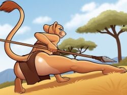 anthro anthro_only anthrofied big_ass big_breasts blue_eyes clothed disney drako1997 feline female_only hunting lion lioness loincloth nala outdoors posing_with_weapon savannah solo spear the_lion_king tongue_out trees tribal weapon