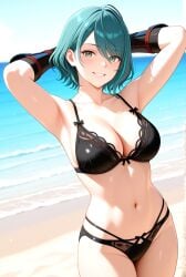 1girls ai_generated beach bikini black_bikini blush breasts cleavage dead_or_alive female_only gauntlets green_eyes green_hair hands_behind_head large_breasts pink_hair short_hair smile solo_female streaked_hair tamaki_(doa)
