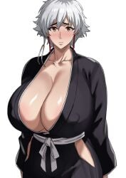 1girls 2025 2d areola_slip areolae black_kimono bleach blush breasts breasts_bigger_than_head cleavage collarbone covered_nipples cowboy_shot curvaceous curvy curvy_body curvy_female curvy_figure duo_kawa earrings female female_only gigantic_breasts japanese_clothes kimono kotetsu_isane looking_at_viewer open_kimono orange_eyes puffy_nipples sash short_hair simple_background solo standing voluptuous voluptuous_female white_background white_hair white_sash