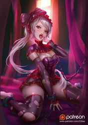 1girls big_breasts bimbo bondage bound bow breasts busty cglas chains cleavage clothed corset curvy fangs female female_only hairbow kneeling legs_spread long_hair manacles open_mouth overlord_(maruyama) patreon red_eyes red_lips red_lipstick shackles shalltear_bloodfallen skirt solo spread_legs text thick_thighs thighs tongue url vampire voluptuous watermark white_hair wide_hips