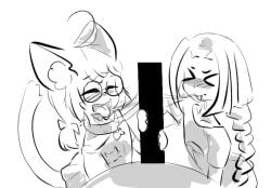 2girls anonymous_artist cat_ears cat_tail censor_bar clothed glasses minikomew queenpb saliva_trail sketch tongue