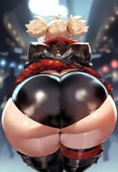 1girls ai_generated ass ass_focus blonde_hair burnice_white choker city clothed curvy glasses gloves huge_ass latex latex_suit latex_thighhighs meiogun night nipples red_eyes seductive shorts skirt smile thick_ass thick_thighs thighhighs zenless_zone_zero