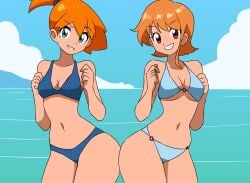 2girls belly_button bikini blue_bikini blue_bikini_bottom blue_eyes breasts brown_eyes crossover female female_only kasumi_(pokemon) light_blue_bikini lirudraw looking_at_viewer nami_(one_piece) navel ocean ocean_background one_piece orange_hair pokemon red_hair shoulder_length_hair side_ponytail smiling_at_viewer thick_thighs