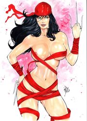 2018 assassin big_breasts black_hair blue_eyes breasts cleavage daredevil_(series) dated ed_benes_studio elektra_natchios exposed_nipples female female_only holding_weapon human lanio_sena long_hair loose_clothes marvel nipples nipples_visible_through_clothing red_clothing red_headwear red_lipstick red_ribbon ribbon ribbons sais signature solo superheroine wardrobe_malfunction weapon weapons