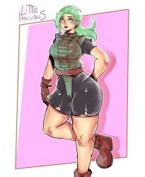 big_ass breasts curvy curvy_female curvy_hips curvy_thighs dragon_ball green_hair heterochromia leotard little_incubus long_hair muezli no_humans shorts simple_background tagme