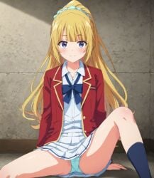 1girl ai_generated aqua_panties blonde_female blonde_hair blue_bow bow classroom_of_the_elite hair_scrunchie karuizawa_kei legs_spread looking_at_viewer open_blazer panties pantyshot pantyshot_(sitting) red_blazer school_uniform schoolgirl shirt showing_panties sitting_on_ground skirt smiling_at_viewer upskirt white_shirt white_skirt 平成アニメファン