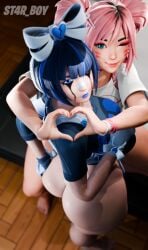 2girls 3d 3d_(artwork) angry angry_face ass ass_bigger_than_head big_ass blender blender_(artwork) blue_eyes blue_hair couple ennui_(fortnite) esme_(fortnite) fortnite fortnite:_battle_royale happy pink_hair tagme visible_ass