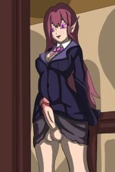 elf elf_ears elf_female elf_futanari elf_girl futa_only futanari long_hair medium_penis office_clothing office_lady purple_eyes purple_hair suit transparent_clothing