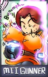 1girls arm_cannon belt breast_expansion breasts cannon cropped generalplorp glowing glowing_eyes huge_breasts lactating mii_gunner mii_gunner_(smash_4) orange_dress surprised torn_clothes