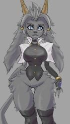 1girls anthro big_breasts blue_eyes curvy_hips female furry grey_fur horns long_ears pseudoregalia sybil_(pseudoregalia) thighhighs wide_hips