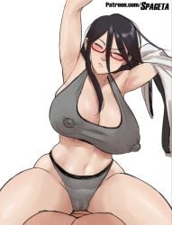 1boy 1girls abs big_breasts bikini black_hair blush breasts closed_eyes demi-chan_wa_kataritai glasses pov satou_sakie sitting_on_person spaghettivegeta strip stripping thick_hips thick_thighs wide_hips