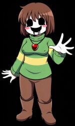 5_fingers :d ai_generated bangs black_background black_eyes blush blush_stickers bob_cut boots breasts brown_boots brown_pants chara chara_(undertale) creepy_face creepy_smile drool female fully_clothed green_sweater heart_lock_(kantai_collection) locket long_sleeves nipple_bulge open_mouth pale_skin pants pink_blush pixai scary_face smile solo striped_shirt sweater turtleneck turtleneck_sweater undertale undertale_(series) waving_at_viewer