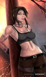 adventurer amber_eyes archaeologist bandages belt big_breasts blood blood_stain bondage bound bra breasts brown_hair brown_pants busty captured curvy cuts dirty erect_nipples evandromenezes female female_only grey_shirt human injured injury inviting lara_croft lara_croft_(survivor) looking_at_viewer midriff necklace nipples nipples_visible_through_clothing pants patreon peril pink_lips pokies pole seductive solo sparks stomach suggestive_look tomb_raider tomb_raider_(survivor) toned toned_female voluptuous white_bra