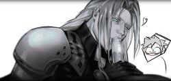 2boys blowjob blush clothed cloud_strife fellatio final_fantasy final_fantasy_vii gay green_eyes looking_at_viewer male/male oral oral_sex pauldrons penis penis_in_mouth penis_out pov pov_eye_contact sephiroth slit_pupils spot_color square_enix sucking_penis tagme villain white_background yaoi