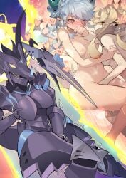 2girls absurdres blue_hair blush breasts brown_hair centur-ion_atrii centur-ion_auxila centur-ion_cimelia commentary_request commission completely_nude duel_monster fingering highres large_breasts masturbation medium_breasts multiple_girls nude pixiv_commission ro_g_(oowack) yu-gi-oh! yuri