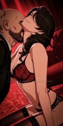 1boy1girl _yumidreams ai_generated bald beard black_hair black_stockings cinder_fall cleavage dark_room face_up female garter_straps highres indoors lace_bra led_light long_hair male pale_skin patreon_username private_room red_lingerie red_sofa rwby strip_club stripper suit yellow_eyes