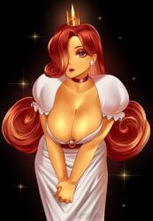 1girls 2024 big_breasts black_background choker cleavage crown curly_hair dress earrings female female_only hair_over_one_eye hi_res long_hair looking_at_viewer mario_(series) morineko narrowed_eyes nintendo princess_toadstool red_eyes red_eyeshadow red_hair red_lipstick royalty solo sparkles super_mario_bros. white_dress