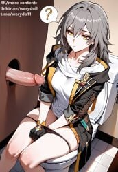 1girls ? ai_generated emotionless expressionless female glory_hole grey_hair honkai:_star_rail honkai_(series) panties_down penis question_mark sitting solo_focus stelle_(honkai:_star_rail) toilet toilet_use trailblazer_(honkai:_star_rail) yellow_eyes