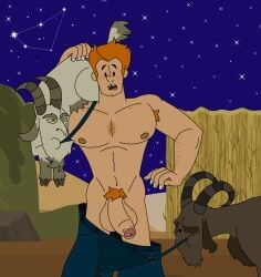 1boy animals armpit_hair big_penis chest_hair constellation constellations curtains_match_drapes foreskin goat hay human male night night_sky nooonejustignor1 overalls overalls_down penis pubic_hair red_hair rodney_(tdi) solo_male stars total_drama:_pahkitew_island total_drama_(series) total_drama_island uncircumcised