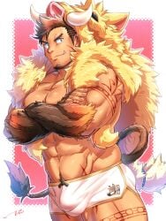 1boy abs bara beard beefy big_breasts boar boxer_briefs brown_fur brown_hair bulge bulge_through_clothing crossed_arms daddy dilf face_markings fangs fur_cape furry_tail green_eyes gullinbursti_(tokyo_afterschool_summoners) hi_res humanized humanoid long_tail male male_only mature_male multicolored_fur muscles muscular muscular_arms muscular_legs muscular_male muscular_thighs orange_fur pecs short_hair simple_background small_pupils smile suid suid_humanoid tail tattoo tattoo_on_legs tattooed_arm teeth_showing tepen_(tptptpn) thick_arms thick_thighs tokyo_afterschool_summoners tough_guy underwear_only v-shaped_eyebrows wild_boar yellow_fur