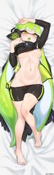 1girls agent_3_(splatoon) alternate_breast_size arms_up artist_name barefoot bike_shorts bodypillow breasts breasts_apart cameltoe color dakimakura fangs feet female female_only green_hair headphones highres inkling inkling_girl jacket jtveemo long_hair looking_at_viewer lying medium_breasts navel nipples no_bra on_back one_breast_out open_clothes open_jacket open_mouth shirt_lift solo splatoon splatoon_2 splatoon_2:_octo_expansion splatoon_3 stomach thigh_gap toes toned very_long_hair yellow_eyes