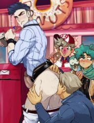 4boys ahoge anilingus archie_pendragon ass_hair bara baseball_cap belt bird black_belt blue_eyes blue_jacket blue_shirt blurry blurry_background blush clothes_pull cross-eyed danyal_baron doughnut ear_piercing eating eating_ass erection f.t.p.h.d. fairytale_police_hoe_department food gay hand_on_another's_ass hat highres idoraad jacket licking_ass lilprincyvi long_sleeves looking_at_another mailbox_(incoming_mail) male_focus multiple_boys owl pants pants_pull penis pet piercing pinocchio_ardalos public public_indecency rimjob rimming rimming_male satou_kotarou_(fairytale_police_hoe_department) shirt short_hair sweets undercut white_pants yaoi