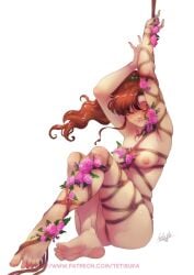 1girls almost_naked armpits arms_up artist_name barefoot bishoujo_senshi_sailor_moon blush bondage breasts brown_hair closed_eyes feet flower hair_ornament heart hi_res long_hair makoto_kino medium_breasts nipples ponytail rope rope_bondage sailor_jupiter signature simple_background smile solo tetisuka url white_background